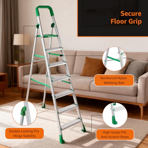 Image of Amazon Basics Clamber Pro - Foldable Step Ladder, Firm Grip, 7 Steps (Aluminium Steps, Green & Satin)