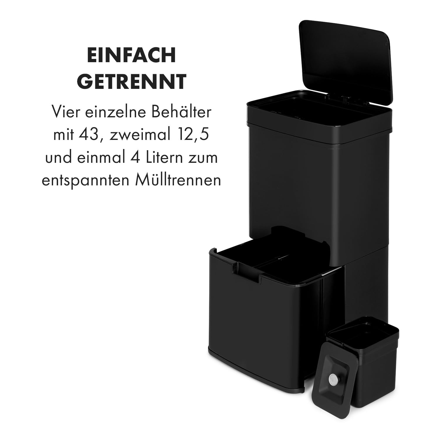 Klarstein Royal Trash Sensor-Mülleimer, 72 L Volumen in 4 Behältern, Restmüll & Recycling-Abfälle: 43 & 2 x 12,5 L, Bio-Eimer mit Deckel: 4 L, automatisches Öffnen und Schließen, Glänzend schwarz