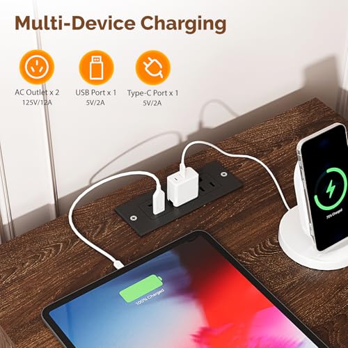 Image of VINGLI Walnut Nightstands Set of 2 with Charging Station, Fluted Nightstand 3 Drawer Night Stand, Mid Century Modern Night Stand for Bedroom, Fluted Bedside Table /End Table /Side Table, 2 pcs