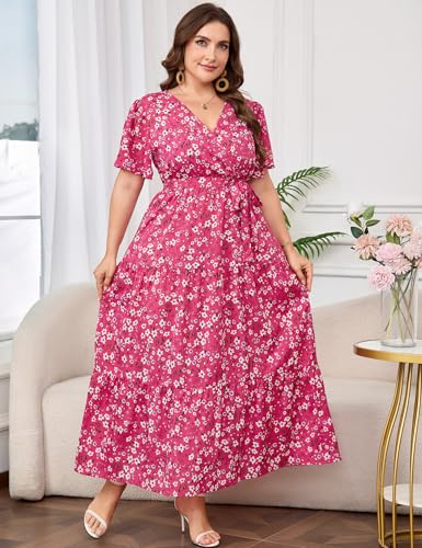 Image of ShopWonder Womens Plus Size V Neck Wrap Maxi Dress High Waist Ruffle Summer Casual Dress with Belt