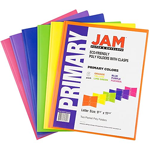 JAM-PAPER-Plastic-Color-POP-Folders-2-Pocket-Durable-Folders-with-Metal-Prongs-Fastener-Clasps-Assorted-Primary-Colors-6Pack