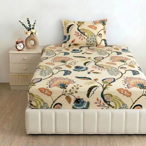 Image of Filymore Peacock Single Fitted Bedsheet with 1 Pillow Cover | anokhi Print Bedsheet in Cream, Red & Blue | 240 TC Soft Microfiber Bed Sheet for Single Bed Size 72x36 inches