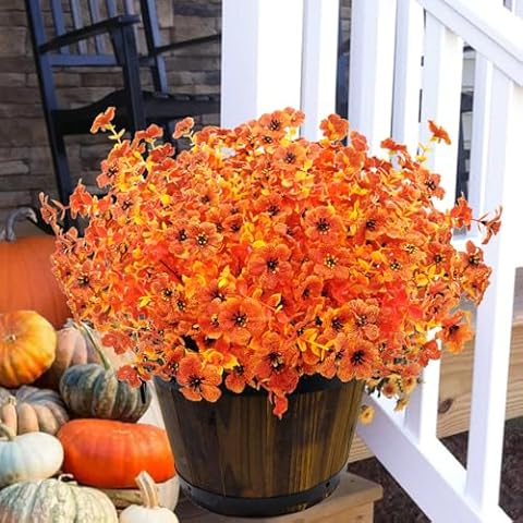 CORVYUC 8 Bundles Artificial Fall Flowers for Outdoors UV Resistant Faux Mums Plants Decoration Home Garden Porch Window Box Farmhouse Planters (Orange Yellow) Cover