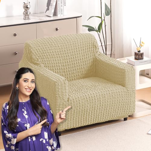Image of HOKIPO 'Aria Nova' Elastic Stretchable 280 GSM Bubble Sofa Cover for 1 Seater, Beige (AR-6208-BGE)