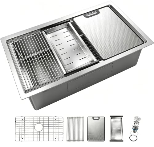 3318 Inch Undermount Kitchen Sink Thick reinforced Stainless Steel Deep Single Bowl Workstation Sinks Integrated Ledge Design with Full Accessories