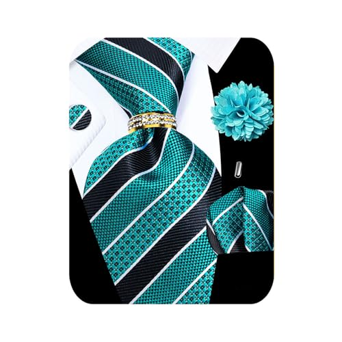 Image of 5PCS Mens Silk Tie, Pocket Square, Cufflinks, Drilled Tie Ring and Lapel Pin Set for Wedding Groom Party