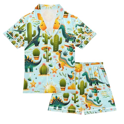 senya Dinosaur and Cactus Satin Summer Pajama Sets Silk Short Sleeve Button Down Sleepwear