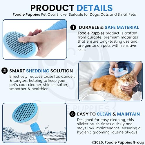 Image of Foodie Puppies Self Cleaning Slicker, Pet Grooming Shedding Brush for Dogs and Cats (Push to Clean Slicker, Oval) - Easy to Remove Loose Undercoat, Pet Massaging Tool Suitable for Pets with Long or Short Hair