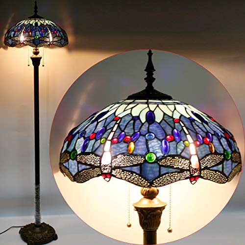 Werfactory Tiffany Floor Lamp Dragonfly Blue Stained Glass Standing Reading Light 16X16X64 Inches Antique Pole Corner Lamp Decor Bedroom Living Room Home Office S004 Series #TOP3