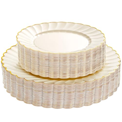 YOUBET 60PCS Ivory Scalloped Plastic Plates - Hard Craem and Gold Fancy Disposable Plates include 30 Gold Dinner Plate 30 Dessert Plate for Wedding Party