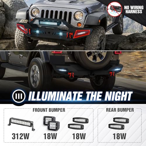 Image of Front & Rear Bumpers with Spare Tire Carrier Compatible with 2018-2026 Jeep Wrangler JL JLU Unlimited w /Paintable Armor, Winch Plate, License Plate Bracket, LED Lights, 2 inchHitch Receiver, D-rings