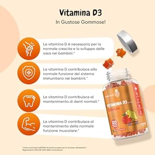Vitamina D Bambini, Senza Glutine né Lattosio, 120 Gommose di Vitamina D3 (4 Mesi di Fornitura) Gommose al Gusto Arancia da 1000UI Ciascuna, 1 Sola Gommosa al Giorno, Adatto ad Età 3-12 Anni, Vit D3