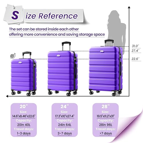 Image of AnyZip Luggage PC ABS Hardside Lightweight Suitcase with 4 Universal Wheels TSA Lock 20 24 28 Inch, Violet Purple, 3 piece set (20 /24 /28), Fashion