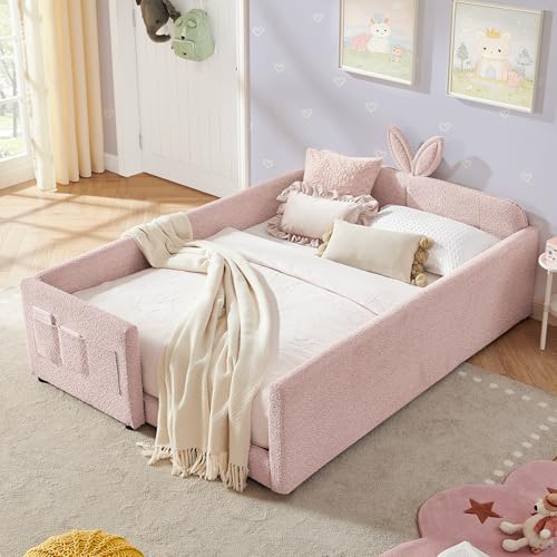 Image of KEIKI Full Size Upholstered Platform Bed Frame with Guardrail, Slats, Pink