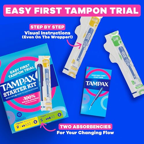 Image of Tampax Starter Kit Multipack, with LeakGuard Braid, Regular /Super Absorbency, Easy First Tampon Trial, Unscented, 12 Count