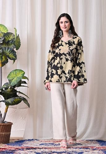 Image of MEERA FAB Women's Summer Floral Printed Cotton Short Kurta Bell Sleeves | Floral Printed Kurta | Short Kurti for Women