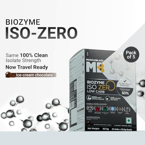 Image of MuscleBlaze Biozyme Iso-Zero Whey Protein Isolate Powder, 5 Sachets | Ice Cream Chocolate | 27g Whey Protein Per Sachet | USA Patent-Published Enhanced Absorption Formula (EAF)