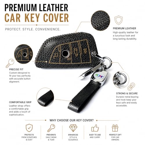 Image of JVCV Soft Handmade Lychee Pattern Leather Key Cover Compatible with BMW X1 X3 X6 X5 5 Series 6 Series 7 Series 4 Button Blade Smart Key | Premium Leather Protective Case (Black)