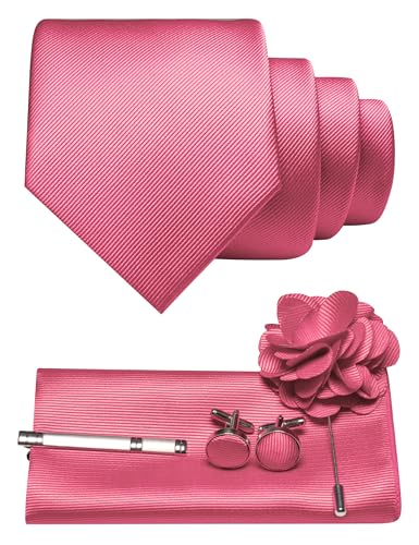 JEMYGINS Corbata de sarga para hombre con diseño monocolor, incluye pañuelo de bolsillo, gemelos, pinza de corbata y broche de flores, set de regalo para fiestas, negocios, bodas, Rosa., M