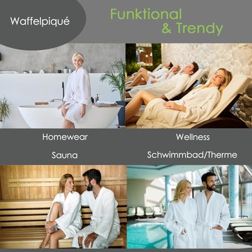 heimtexland ® Bademantel Waffelpique Reisebademantel Saunamantel 100% Baumwolle Oekotex leicht schnelltrocknend hautfreundlich für Damen und Herren Typ881 Weiß L