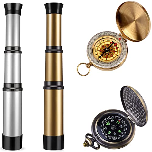 Kids Pirate Telescope & Compass Toy Kits 4pcs Pack Plastic Collapsible Handheld Retro Telescope Spyglass & Pocket Survival Gear Compass for Pirate...
