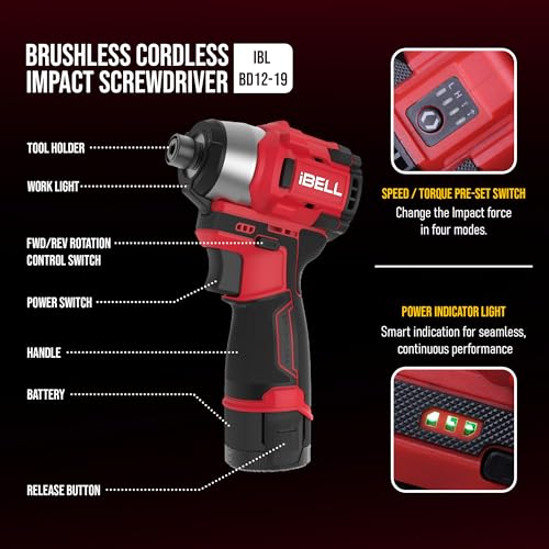 Image of IBELL IBL BD12-19 12V Brushless Cordless Impact Screwdriver | 185Nm Torque | 2-Speed | Forward & Reverse | 1 /4 inch Hex (6.35mm) | Self-Tapping Mode | 1500mAh Battery | 12 Months Warranty