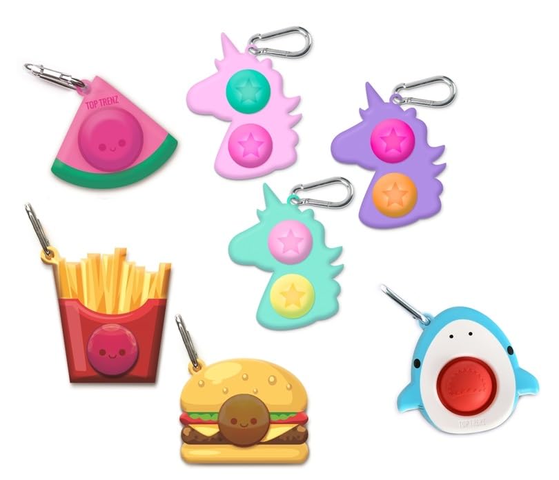 Top Trenz Mega Keychains- 7 pack variety Gift bundle (7 pieces included) 3 colors of Unicorn,1 Shark, 1 Watermelon, Burger & Fries Keychains