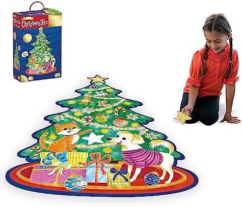 Home 156 Peaceable Kingdom Shimmery Christmas Tree Floor Puzzle – Giant Floor Puzzle for Kids Ages 3 & up – Fun-Shaped Puzzle Pieces – Great for Classrooms