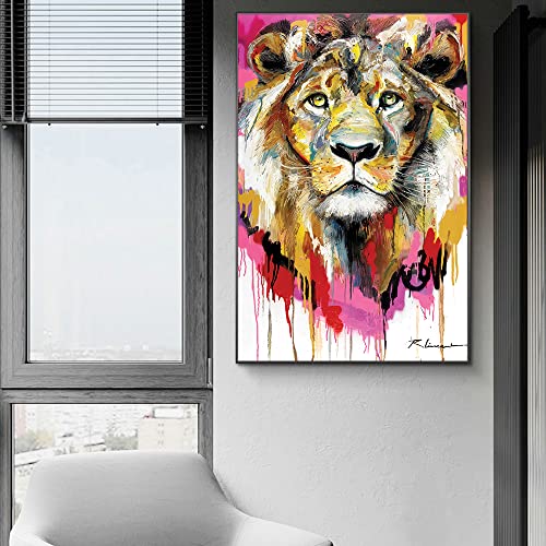 Art mural abstrait lion graffiti coloré grand format 90x140 cm tableau triptyque salon