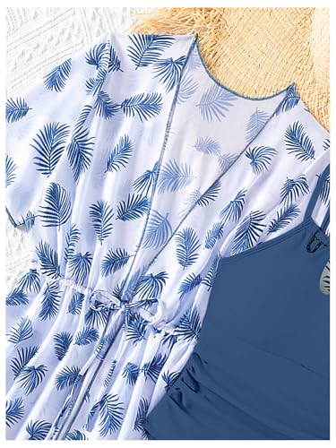 SHENHE Girl's One Piece Swimsuit with Cover Up Tropical Print Kimono Ruched Bathing Suit4