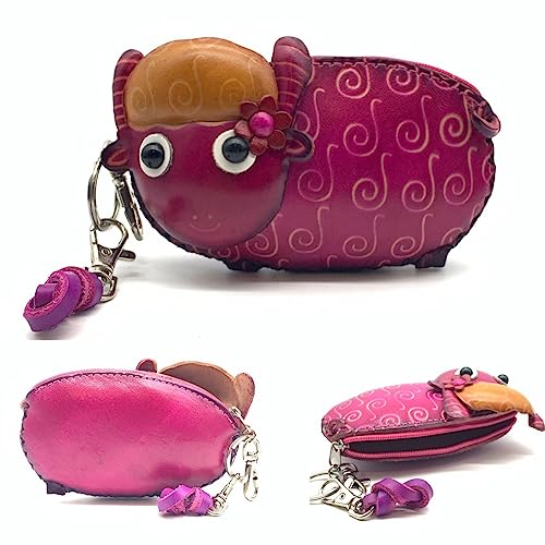 Vintage Genuine Leather 3D Animal Lamb Coin Purse With Removable Wrist Strap (Rose Pink)4