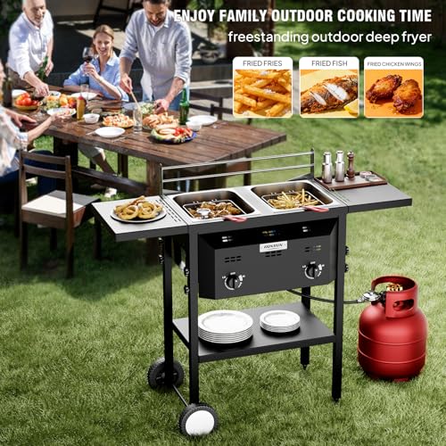 Image of ROVSUN Outdoor Deep Fryer with 8QT & 8QT Stainless Steel Tank & Basket, Portable Propane Gas Fryer with Rolling Cart, Storage Shelves, Lids & Thermometer for Outdoor Backyard Cooking Frying