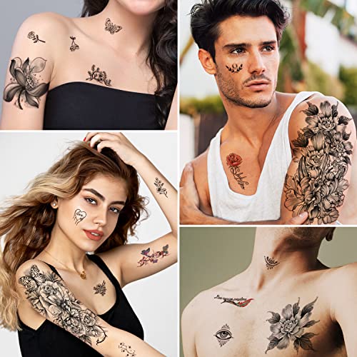 70 Sheets Temporary Tattoo For Women Girls And Men, Fake Tattoos Waterproof For Arm Neck Face Body Art Long Lasting, Black Flower Rose Temporary Tattoos Realistic For Adults Teens Kids #TOP2