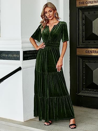 Amegoya AM22DR0197-H2 Women'S Velvet Short Sleeve V Neck Formal Wedding Guest Maxi Dresses Fall Evening Party Long Dresses Aaa(Army Green S) thumb #2