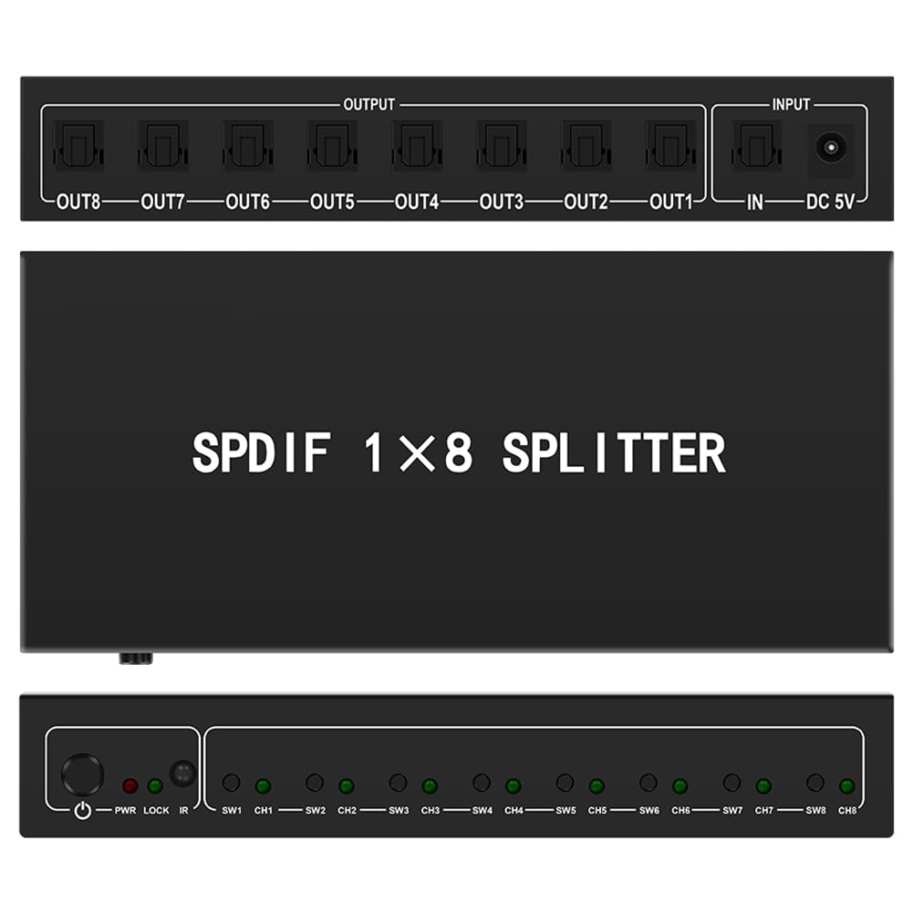 Optical Audio Splitter,1 in 8 Out Fiber Optic Digital Toslink S/PDIF Splitter for Home Theater,Speakers, EU Plug