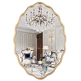 24 * 36 Inch Brushed Gold Oval Ripple Bathroom Mirror Wall Mounted Large Modern Countryside Suitable for Washroom, Bedroom, Living Room, Entryway