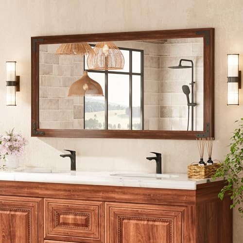 TETOTE 48 x 24 Walnut Wood Framed Mirror for Bathroom