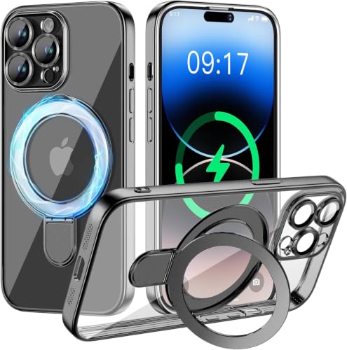 Image of Magnetic for iPhone 14 Pro Case with Invisible Stand[Compatible with MagSafe][Full Camera Lens Protector][Military Drop Protection] Shockproof Not Yellowing Clear Slim Soft for Women Men