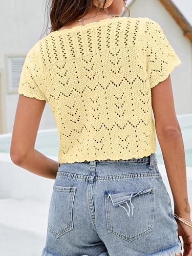 Image of Women's Crochet Shrug Knit Sweater, Short Sleeve Tie-Front Cropped Cardigan | Lightweight Open-Knit Bolero Tops, Cute Boho V-Neck, Styled Over Evening Dresses, Spring Summer Layering, Beach Cover-Up
