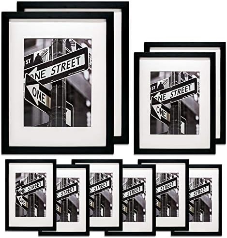 TheDisplayGuys 10pc Solid Pine Wood Tempered Glass Gallery Wall Picture Frames Set - six 5x7, two 8x10, two 11x14 - with Easels (Black)