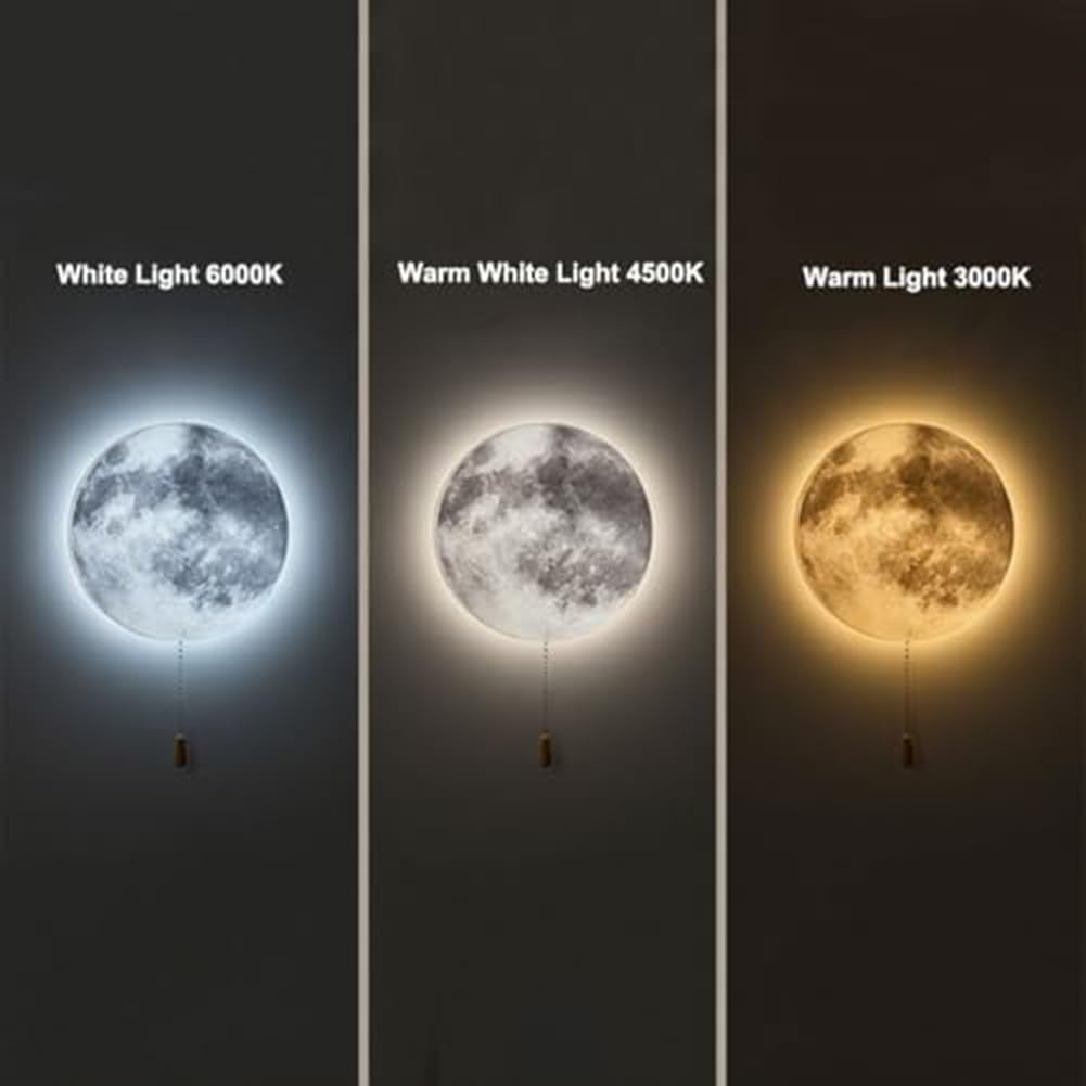 Lámpara de pared LED de luna, recargable, inalámbrica, con interruptor de tracción, decoración redonda moderna para niños, iluminación cálida de 3000 K