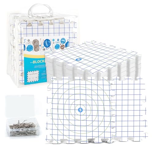 Image of Yiitoll Blocking Mats for Knitting & Crochet, 2 in1 Double Side Knitting Blocking Mat with Grid and Radial, Extra Thick 9 Packs Crochet Blocking Board for Needlepoint with 100 T-pins and Storage Bag