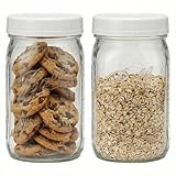 EASY-BUSY Kitchen Combo of Ball 32 oz.-Quart Clear Glass Mason Canning Jar, With EB White Food Storage Plastic Lids Set of 2, Wide Mouth Caps fit WM Ball & Kerr jars & Containers, Reusable, BPA Free,