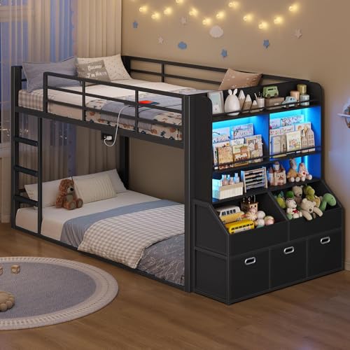 Image of ADORNEVE Low Bunk Bed Twin Size with Bookshelf, Toy Organizer & Storage Drawers, Metal Floor Bunk Bed Twin Over Twin with RGB Lights & Charging Station, Safety Guardrail & Ladder, Small Space, Black