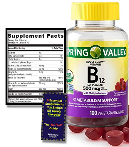Vitamin B12 Gummies for Adults, Vegetarian, Non-GMO Project Verified 500 mcg (100 ct) from Spring Valley. + 'No Fluff' Supplement Guide©