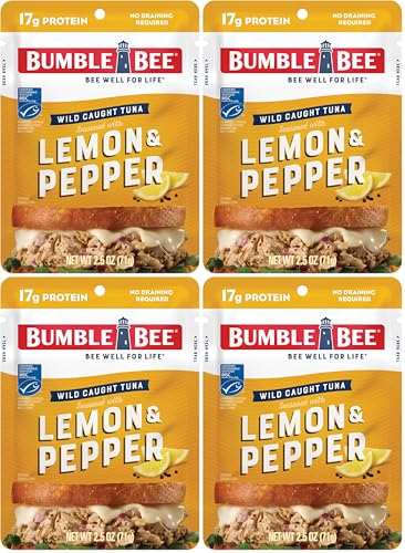 Image of Bumble Bee Lemon & Pepper Seasoned Tuna Pouch - Wild Caught and Ready to Eat for Snack, Salad, Korean Tuna Bowl - 17g Protein per Serving - PERFECT, PORTABLE, GOODNESS - 2.5 oz Packet (Pack of 4)