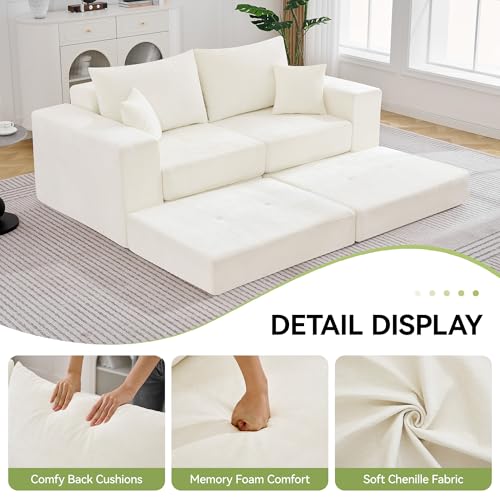 Image of 79 inch Boneless Cloud Loveseat Sofa Couch, Modular Tufted Foldable Floor Sofa with Ottoman, Chenille Lounge Convertible Sofa Bed for Living Room, No Assembly, Beige