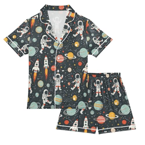 senya Lunar Astronaut Satin Summer Pajama Sets Silk Short Sleeve Button Down Sleepwear