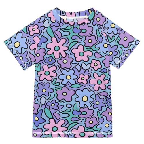ALAZA Kids Rash Guard Boys Toddler Swim Shirts Short Sleeve Purple Flowers Cartoon UPF 50+ 3T