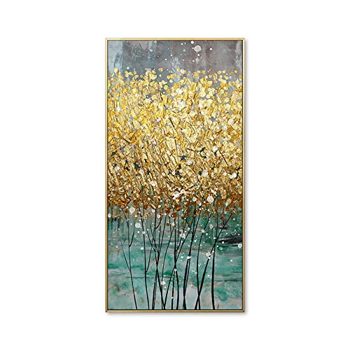 Peinture abstraite sur toile vert et or de 70x140 cm pour salon